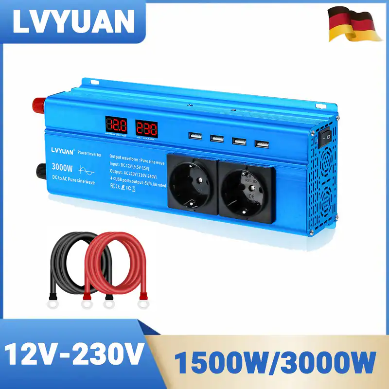 1500W 3000W Reiner Sinus Spannungswandler 12V auf 230V Wechselrichter 4USB 2AC