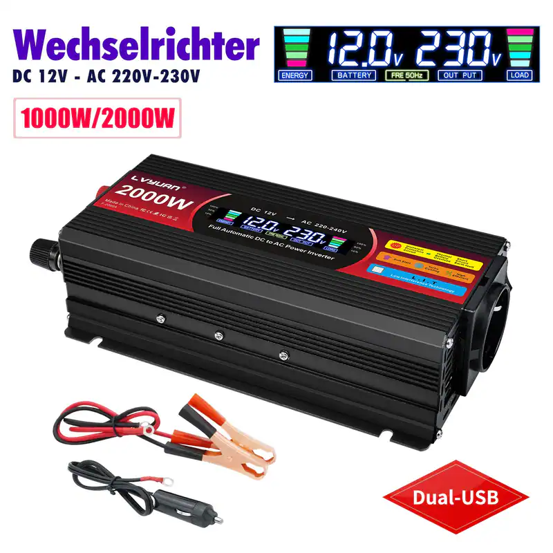1000W 2000W Wechselrichter DC 12V auf AC 230V USB AC Spannungswandler Campen