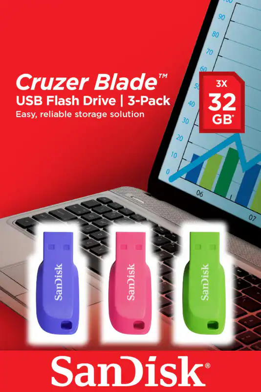 SANDISK Cruzer Blade USB-Stick, 32 GB, Violett, Pink, Grün