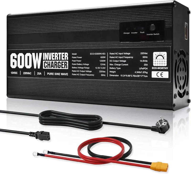 14,6V 25A LiFePO4 Ladegerät mit 600W Wechselrichter 12V bis 230V für Batterie