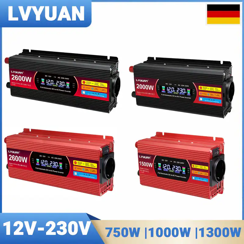 750W 1000W 1300W Auto Spannungswandler 12V auf 230V Wechselrichter 2USB LCD