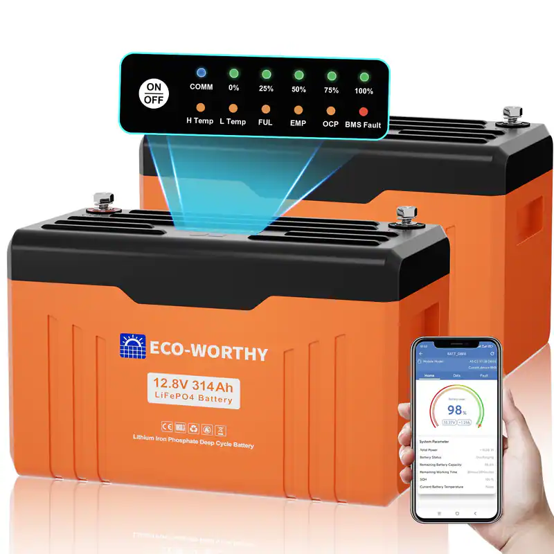 2 Pack 12V 314Ah Bluetooth LiFePO4 Lithium Batterie Statusanzeige für Wohnmobile