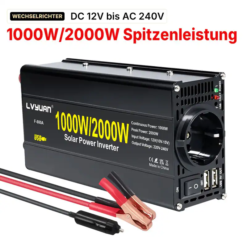 1000W 2000W Wechselrichter DC 12V zu 230V Camping Wohnmobil Zubehör schwarz 2USB