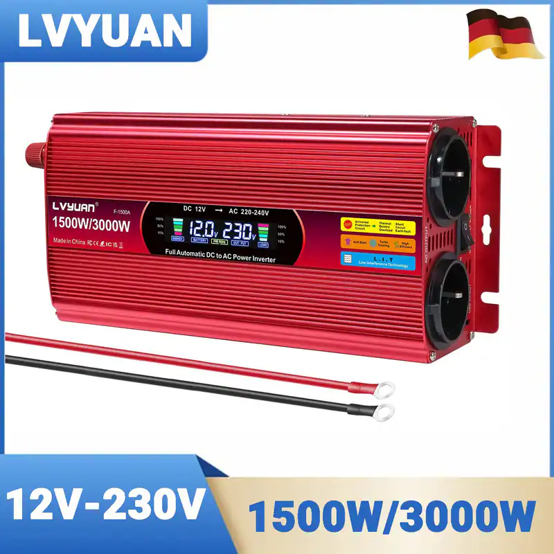 1500W 3000W 12V auf 230V Wechselrichter USB 2AC LCD Spannungswandler Adapter Rot