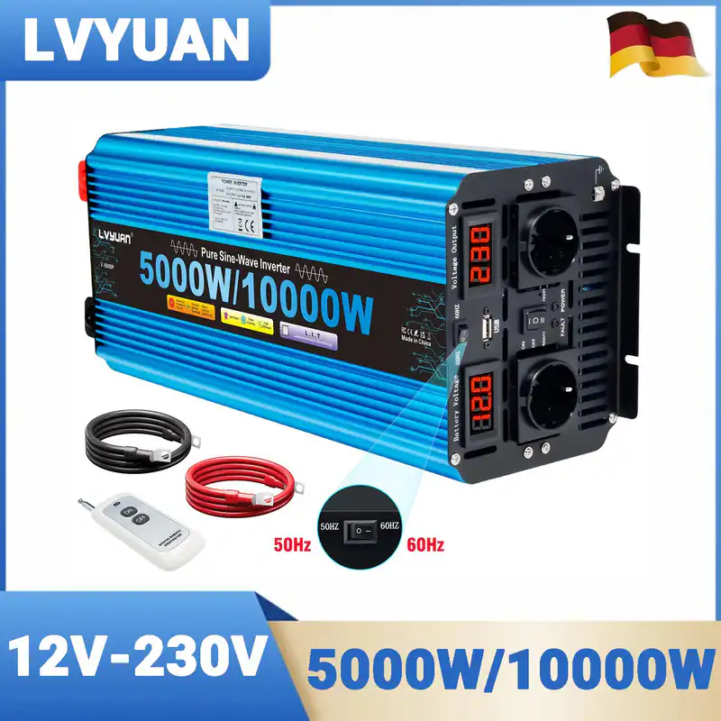 5000W 10000W Reiner Sinus Spannungswandler DC 12V - AC 230V Wechselrichter USB