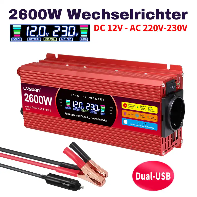1300W 2600W Wechselrichter DC 12V auf AC 230V 2USB AC Spannungswandler Campen