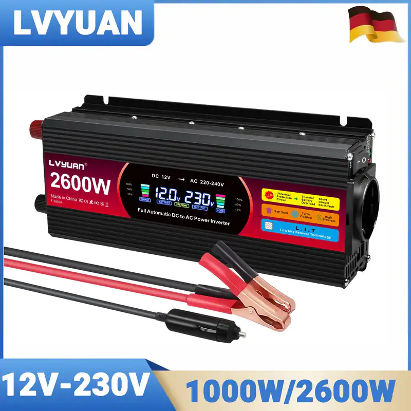 1000W 2600W Wechselrichter 12V auf 230V Auto Spannungswandler 2USB LCD AC Campen