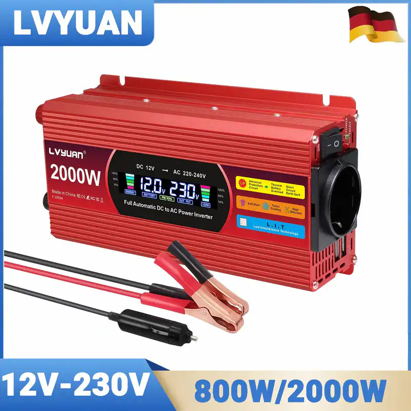 800W 2000W Wechselrichter 12V auf 230V Auto Spannungswandler 2USB AC LCD Campen