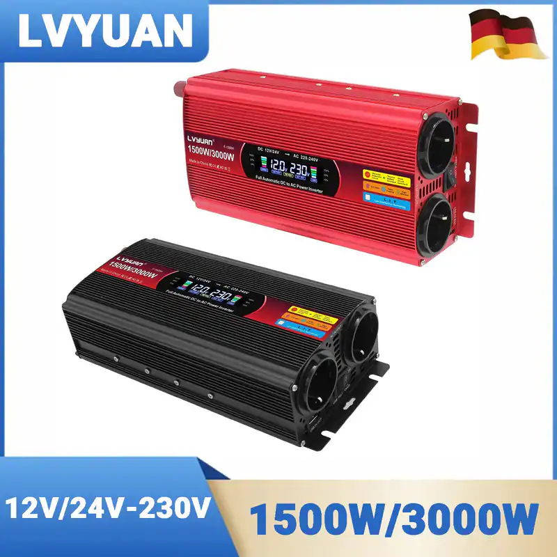 1500W 3000W Wechselrichter 12V&24V auf 230V Spannungswandler USB 2AC LCD-Anzeige