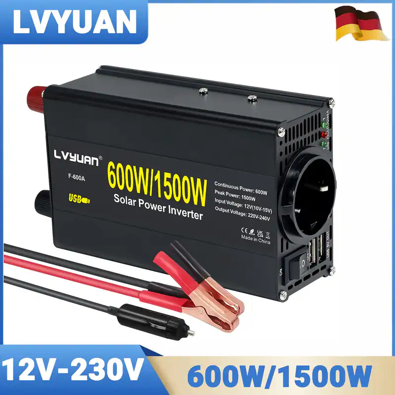 600W 1500W Wechselrichter DC 12V zu 230V Camping Wohnmobil Zubehör schwarz 2USB