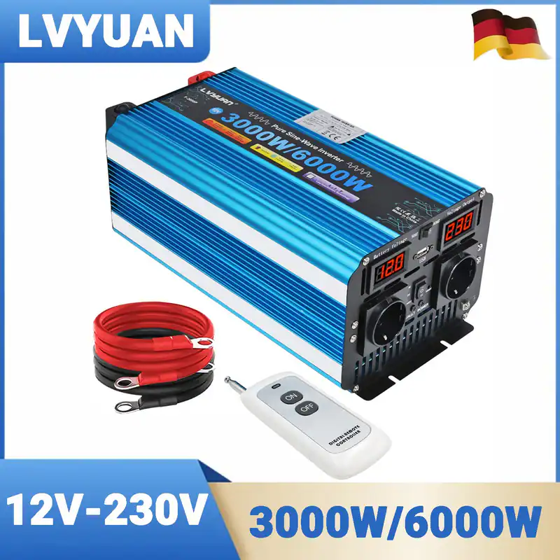 3000W 6000W Reiner Sinus Spannungswandler DC 12V auf AC 230V Wechselrichter USB