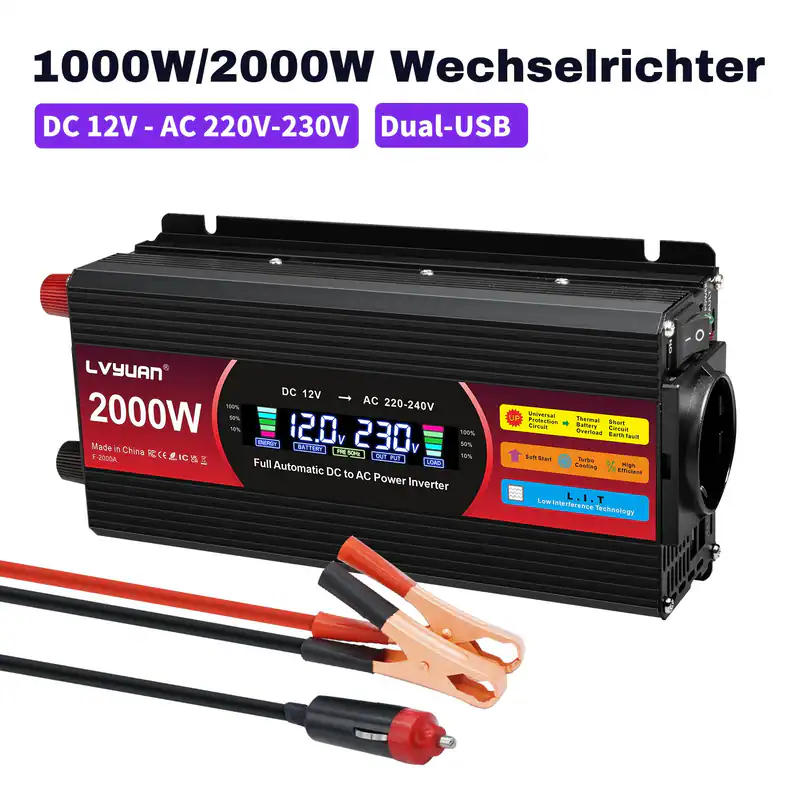 1000W 2000W Wechselrichter 12V auf 230V Auto Spannungswandler 2USB AC LCD Campen
