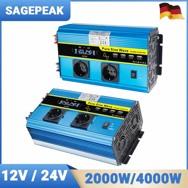 2000W 4000W Reiner Sinus Wechselrichter 12V 24V auf 230V Spannungswandler 4xUSB
