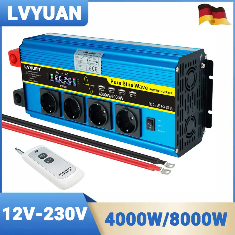 4000W 8000W Reiner Sinus Spannungswandler DC 12V auf AC 230V Wechselrichter