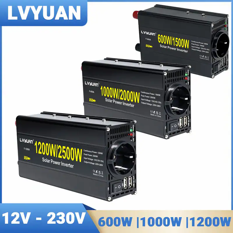 1200W/1000W/600W Wechselrichter 12V 230V Spannungswandler 2USB Auto schwarz Camp