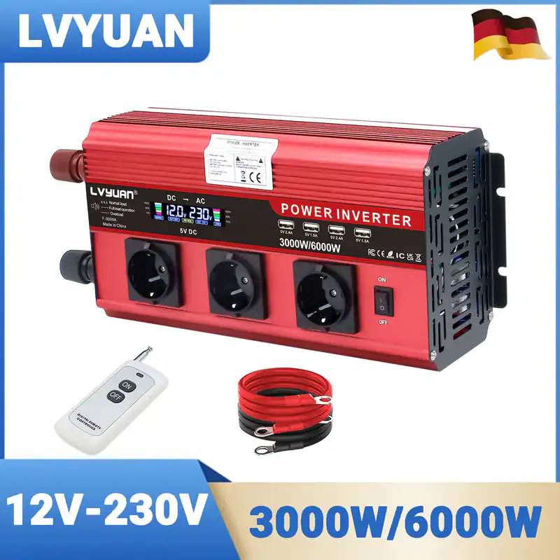 3000W Spannungswandler 12V auf 230V Wechselrichter mit 4USB 3AC Fernsteuerung