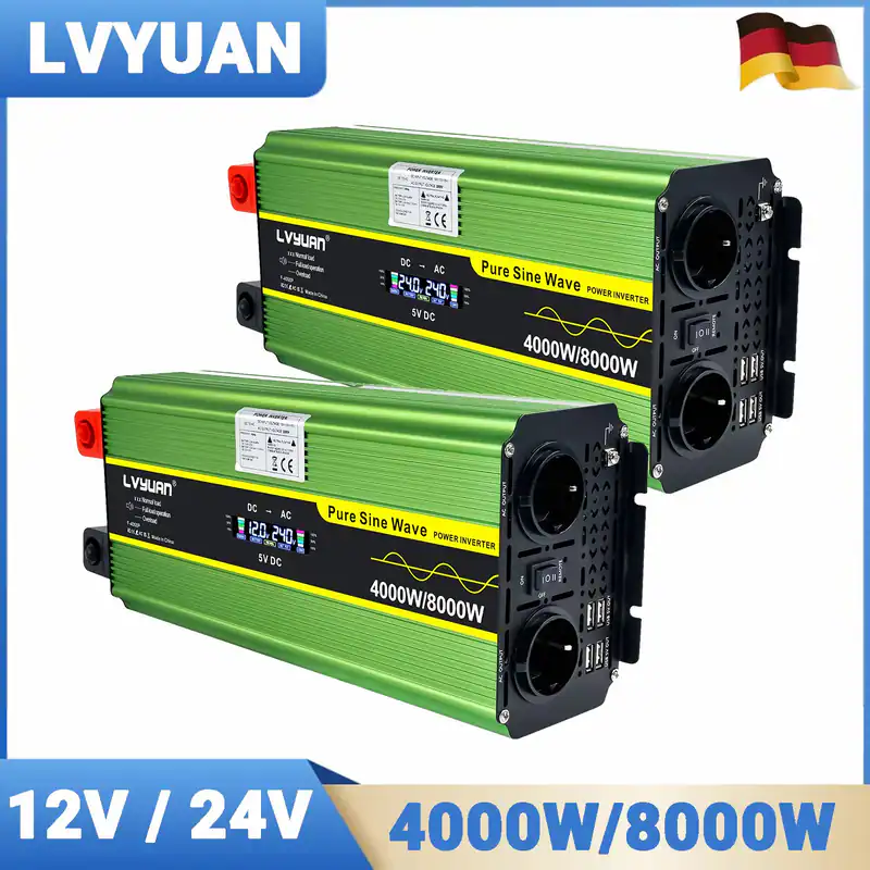 12V 24V zu 230V 4000W 8000W Reiner Sinus-Wechselrichter Spannungswandler LKW LCD