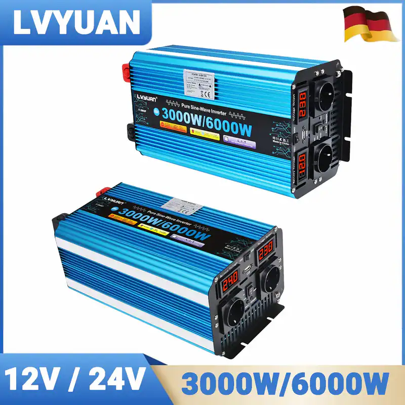 3000W 6000W Reiner Sinus Wechselrichter 12V 24V zu 230V Spannungswandler LED 2AC