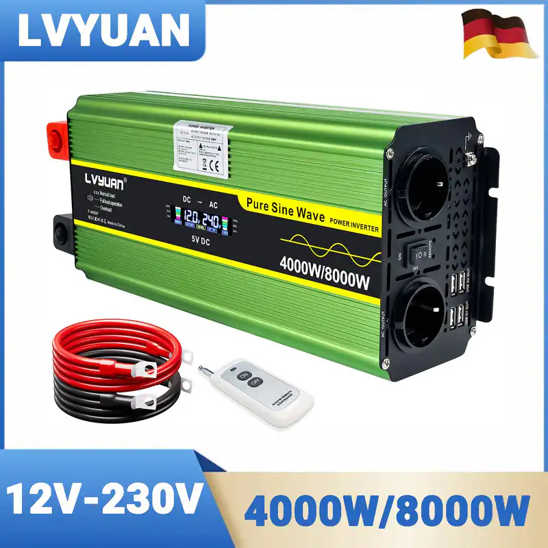 4000W 8000W Reiner Sinus Spannungswandler 12V auf 230V Wechselrichter mit 4x USB
