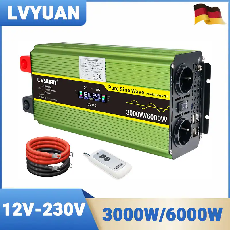 3000W 6000W Reiner Sinus Spannungswandler 12V auf 230V Wechselrichter 4USB Grün