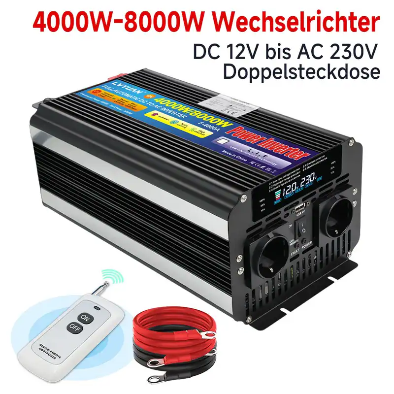 4000W 8000W Spannungswandler 12V 24V zu 230V mit Fernbedienung und 2 x AC, USB