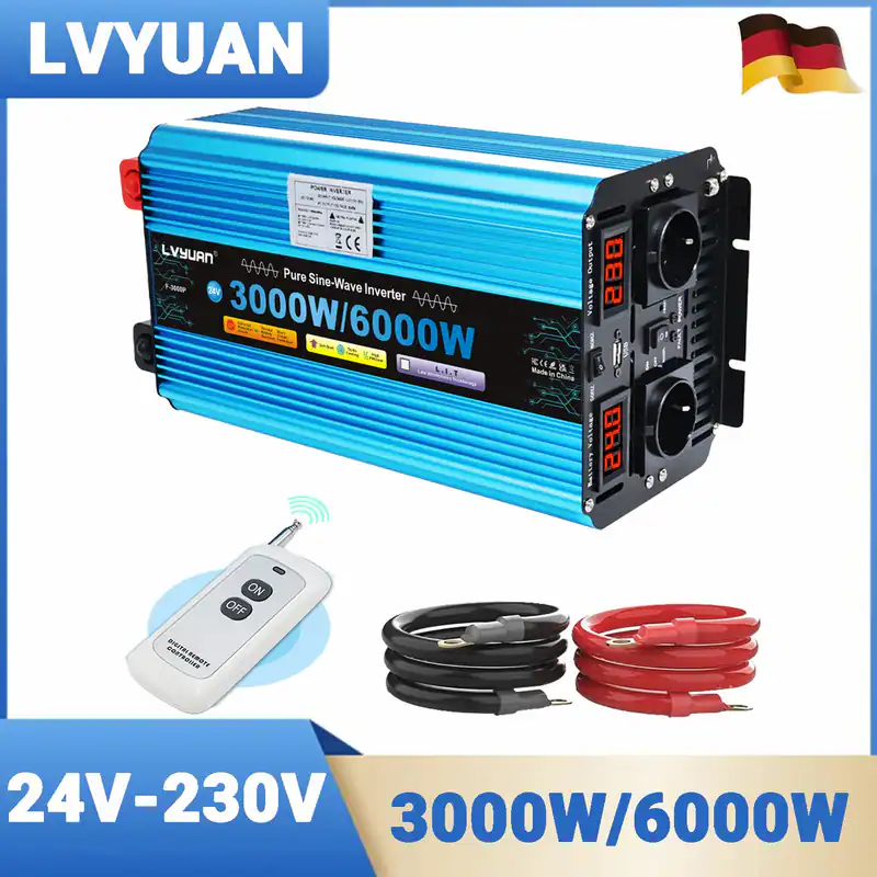 3000W 6000W DC 24V auf AC 230V Reiner Sinus Spannungswandler Wechselrichter USB
