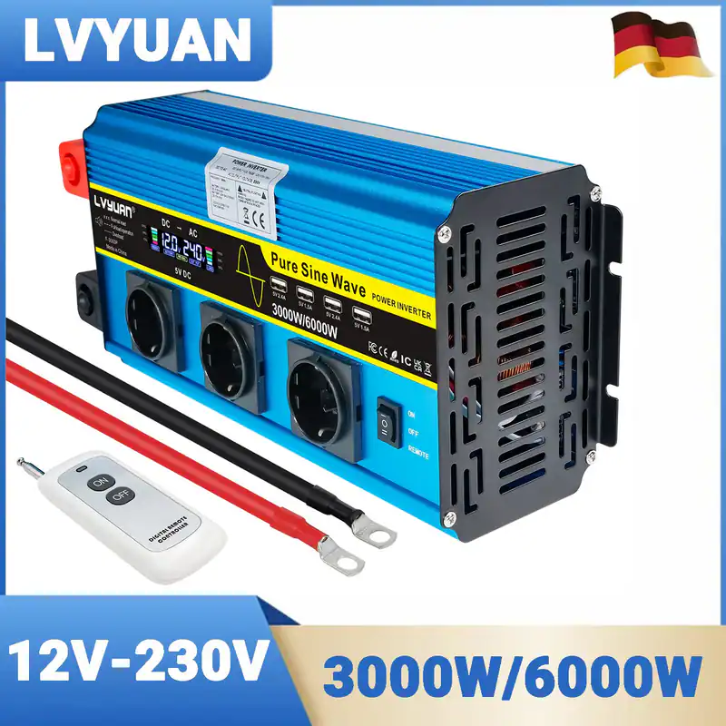 3000W 6000W 12V auf 230V Reiner Sinus Wechselrichter Spannungswandler 4USB 3AC
