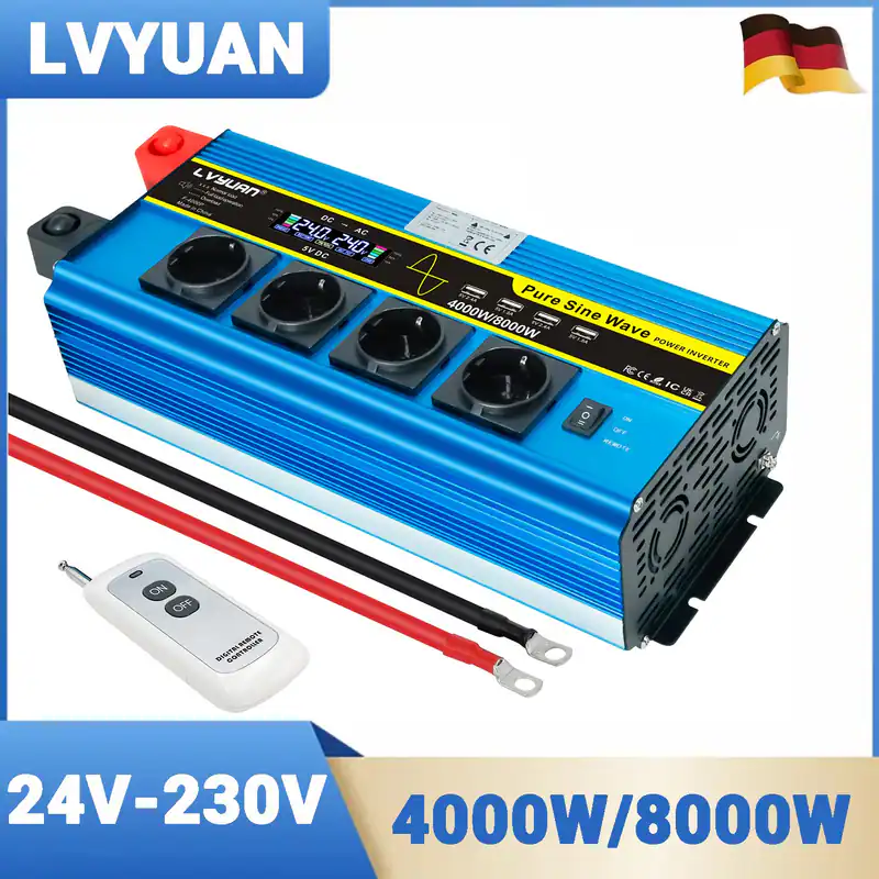 4000W 8000W Reiner Sinus Spannungswandler DC 24V auf AC 230V Wechselrichter USB