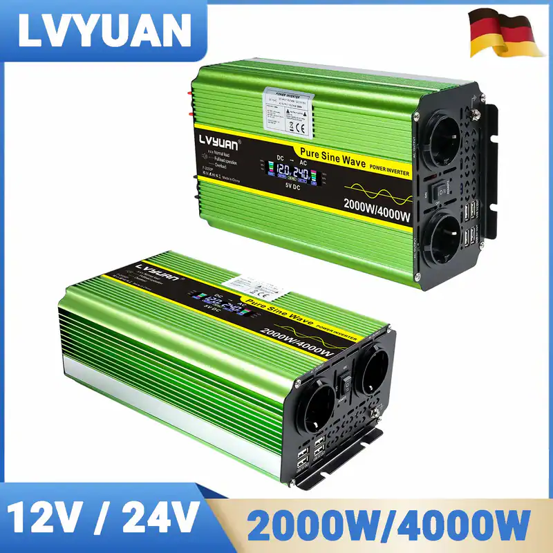 2000W 4000W Reiner Sinus Wechselrichter 12V 24V auf 230V Spannungswandler 4xUSB