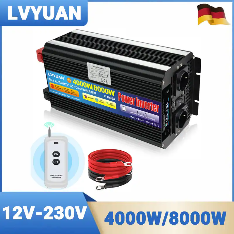 4000W 8000W Spannungswandler 12V zu 230V mit Fernbedienung und 2 x AC, USB LCD