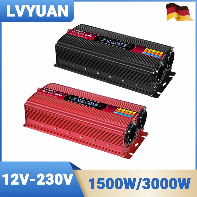1500W 3000W 12V auf 230V Spannungswandler Wechselrichter USB LCD Rot Schwarz