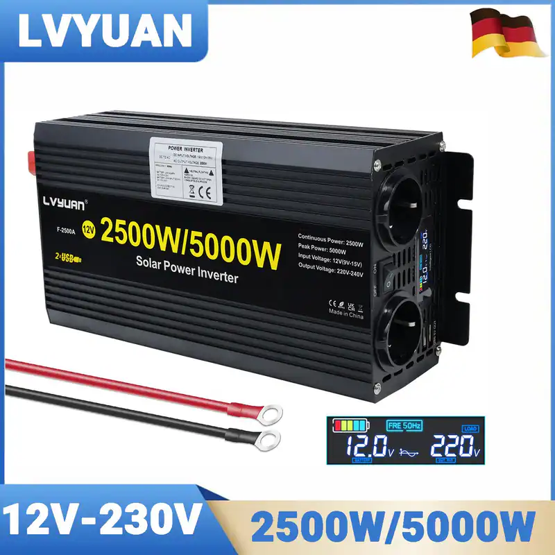 Wechselrichter 2500W 5000W 12V zu 230V Inverter USB LCD-Anzeige Campen Schwarz