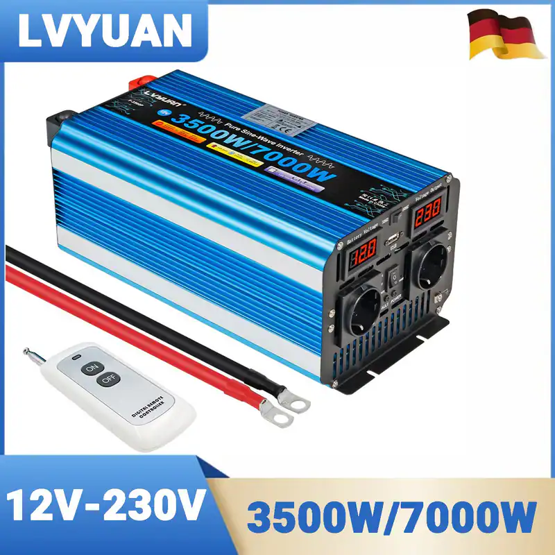 3500W 7000W Reiner Sinus Wechselrichter 12V zu 230V Spannungswandler LED USB 2AC