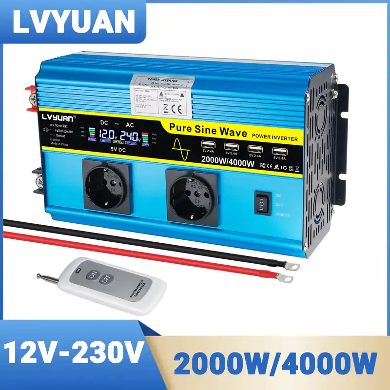 2000W 4000W Reine Sinuswelle Spannungswandler 12V 230V Wechselrichter LCD 4USB