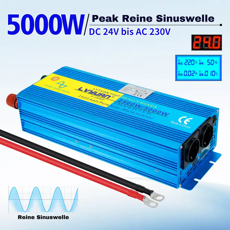 2500W 5000W 24V zu 230V Reiner Sinus Spannungswandler Wechselrichter 2AC LCD LED