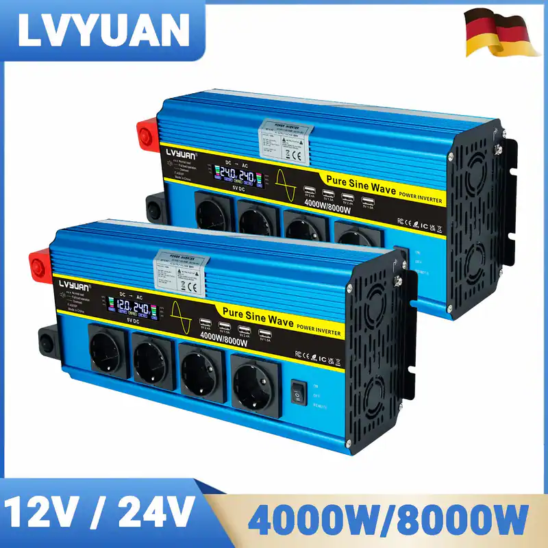 12V 24V zu 230V 4000W 8000W Reiner Sinus-Wechselrichter Spannungswandler LKW LCD