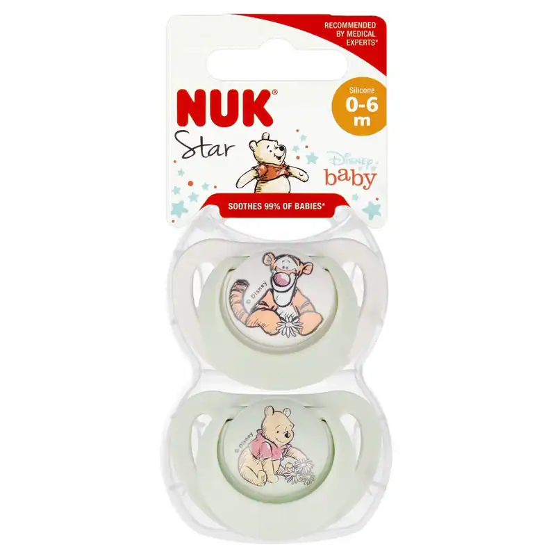 4008600429692 NUK Smoczek uspokajający silikonowy 0-6m Star Kubuś/Tygrysek op.2