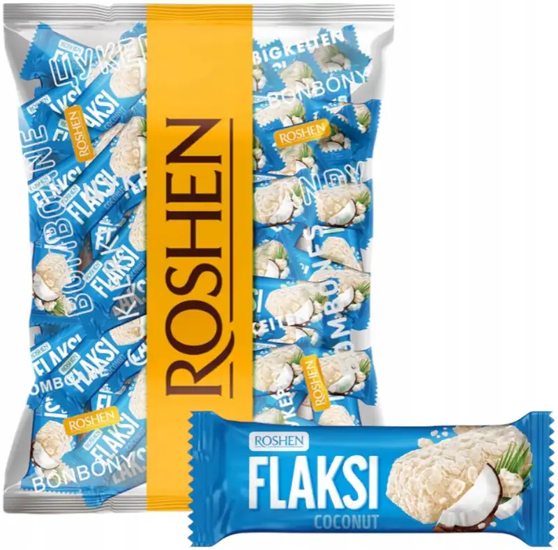 4823077647567 Roshen Cukierki o smaku Kokosowym z Płatkami Waflowymi FLAKSI 0,5
