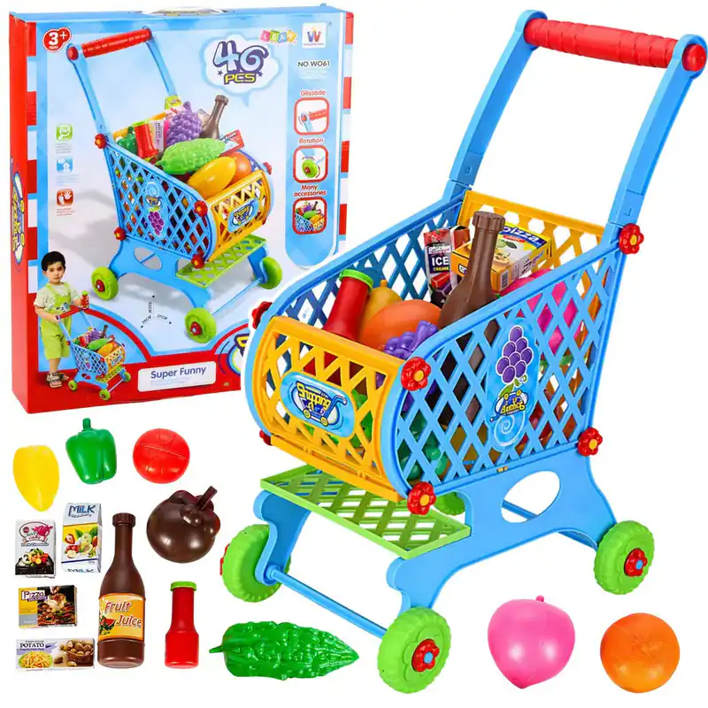 Duży Wózek Sklepowy Dla Dzieci Produkty Spożywcze Niebieski 52cm 46 el. LEAN Toy