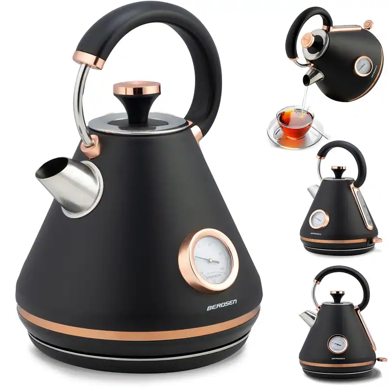 Wasserkocher Retro mit Thermometer 1,7L Schwarz Edelstahl Berdsen BD-701