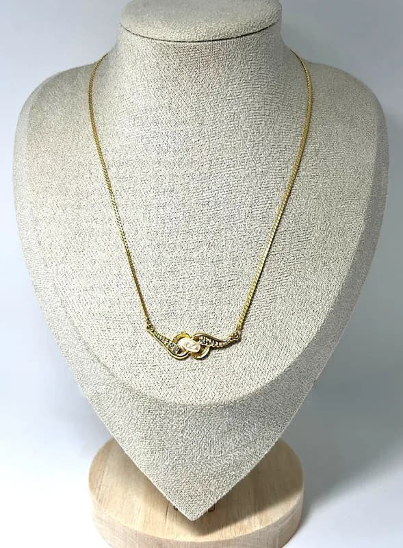 Vintage Kette goldfarben Süßwasserperle & Zirkonia 40–45 cm nickelfrei