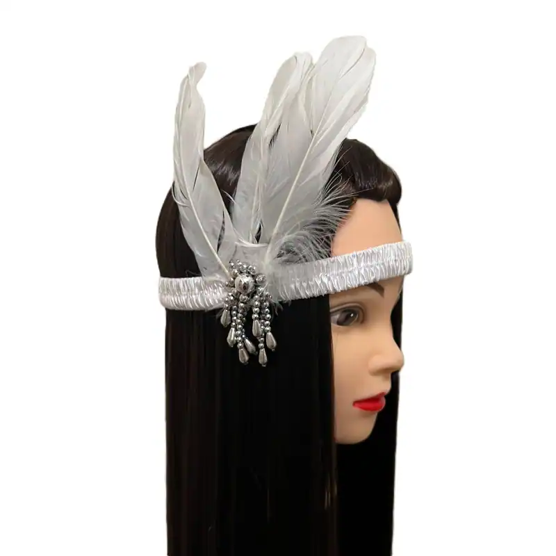 1920s Style Flapper Headband White – Great Gatsby Inspired Feather Headpiece