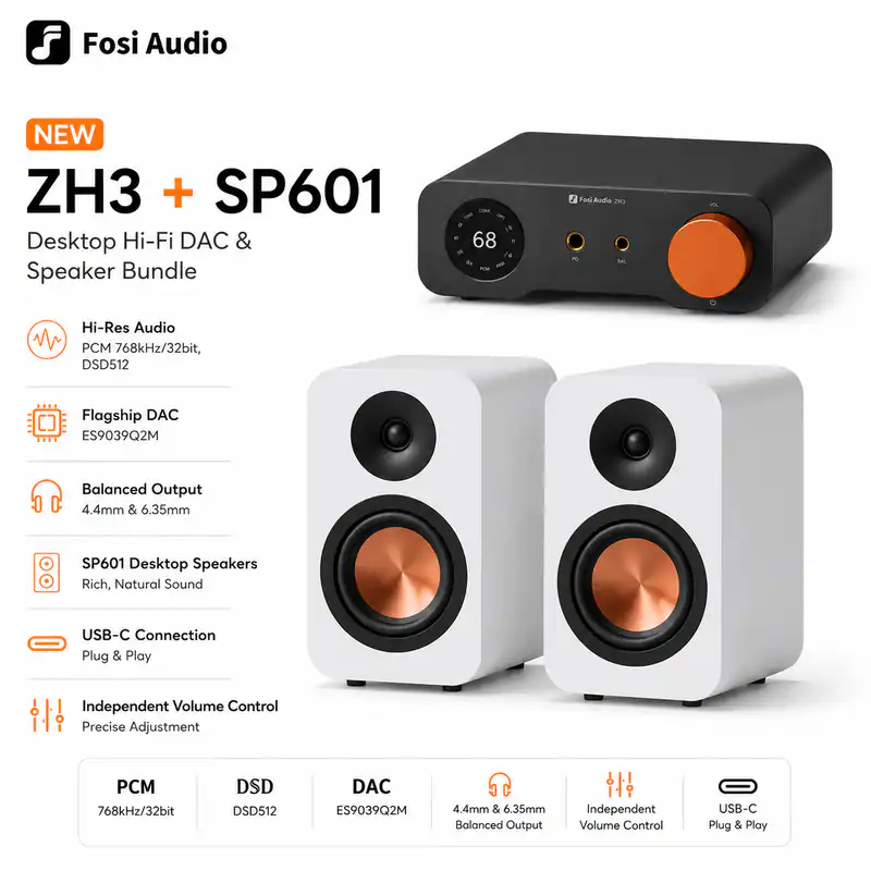 FOSI AUDIO ZH3 Vorverstärker DAC & SP601 Passive Bücherregal-Lautsprecher Set