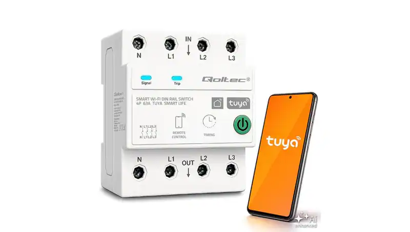 50976 Qoltec Trójfazowy przekaźnik 63A na szynę DIN 3P+N Timer Wi-Fi Tuya Smart