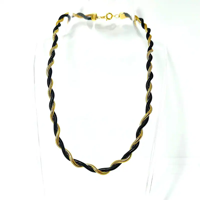 Originale Vintage Halskette vergoldet Schwarz Gold Kordel Kette 42cm
