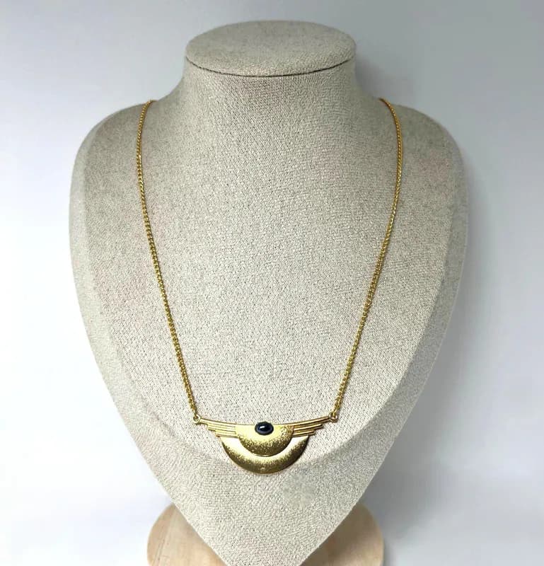 Vintage Art Deco Kette goldfarben mit Hämatit-Cabochon 45 cm nickelfrei