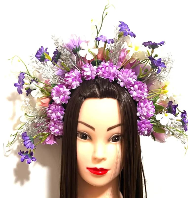Blumenkrone Haarkranz Lila/Weiß – Boho Festival Hochzeit – Handarbeit