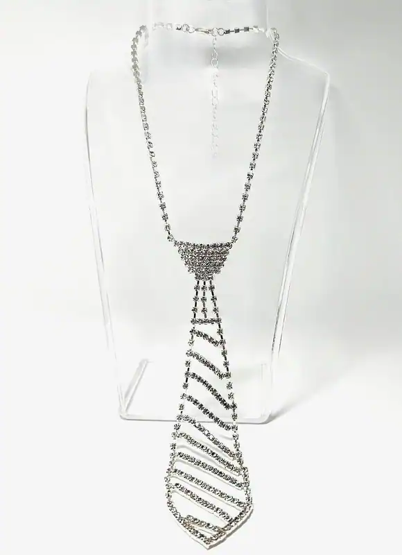 Glamouröse Strass Krawatten‑Kette, Statement Collier, Silberoptik Damen Krawatte