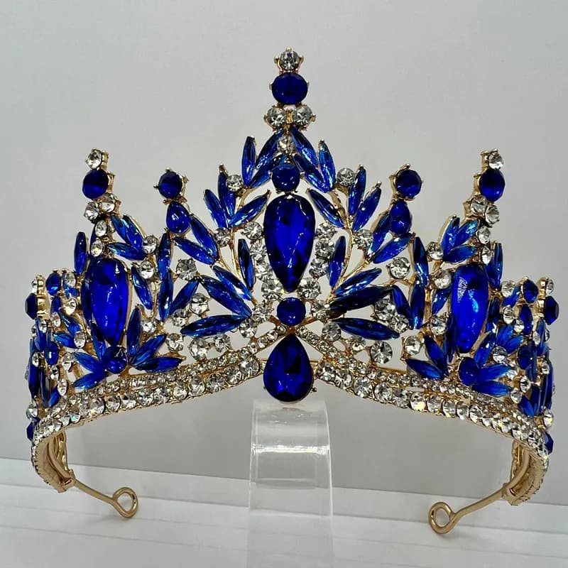 Teklemon Tiara Kristallkrone Queen Diadem in Gold mit Saphirblauen Steinen
