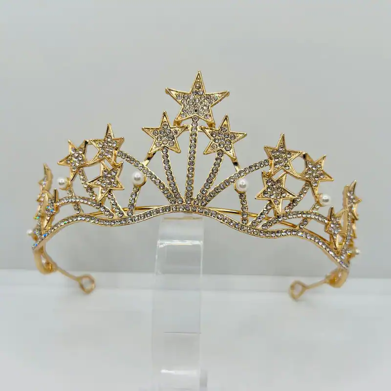 Glamouröses Sternen Diadem in Gold mit Strass und Perlen Königliche Eleganz